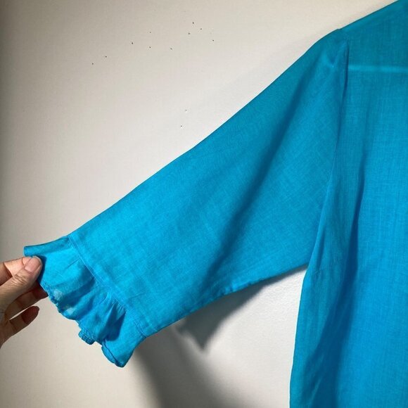 Womens Relativity Button Shirt Sheer Cotton Blue Teal 3/4 Ruffle Sleeve M - Picture 4 of 7